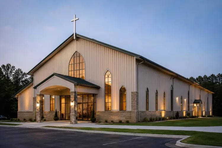 Comment créer un espace de culte sans colonnes dans un bâtiment de construction d'église à ossature de portail ?