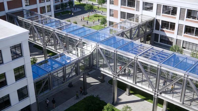 Couloir de campus à structure métallique